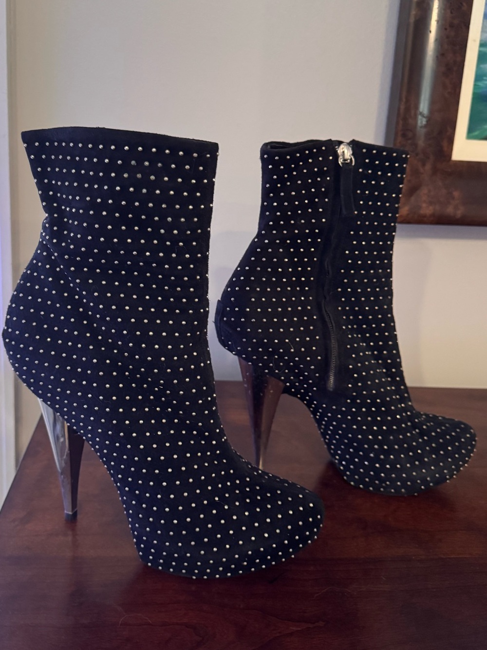 Gissepe Zanotti Studded Black Suede PlatfoAnkle Boots with Silver Metal Heel